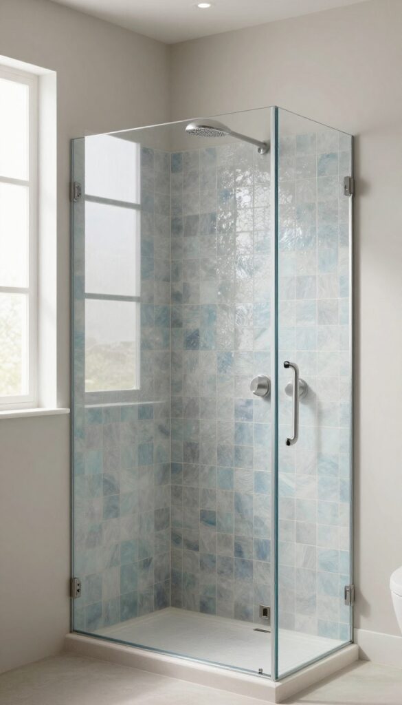 A full glass tile wall in a shower for a luxurious spa feel, with shimmering blue-gray tiles reflecting natural light in a bright, serene bathroom setting.