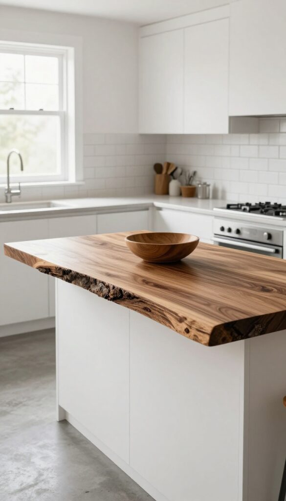 Modern kitchen island with live edge wood slab countertop, white cabinets, and bright natural light