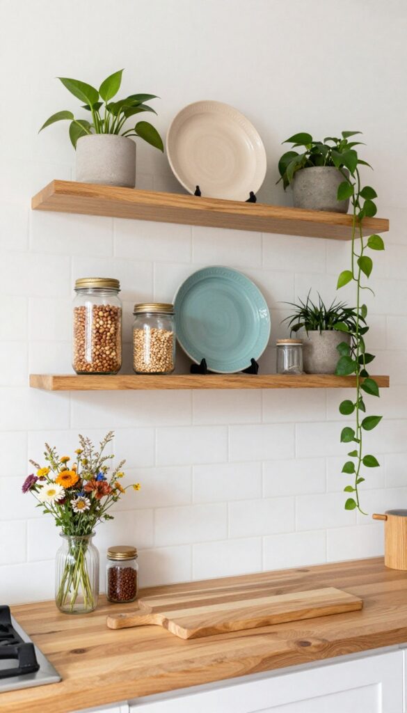 Small boho kitchen with open wood shelving displaying colorful dishes and plants