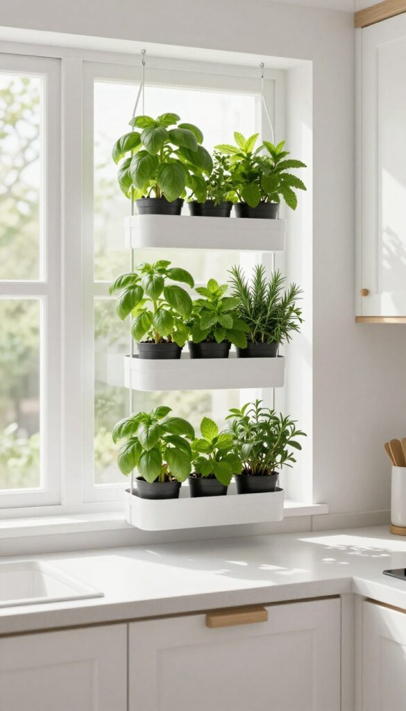 Window-mounted tiered herb garden in a bright kitchen with natural light