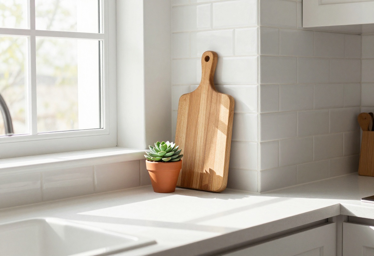 Cozy kitchen counter corner with a wooden cutting board and succulent