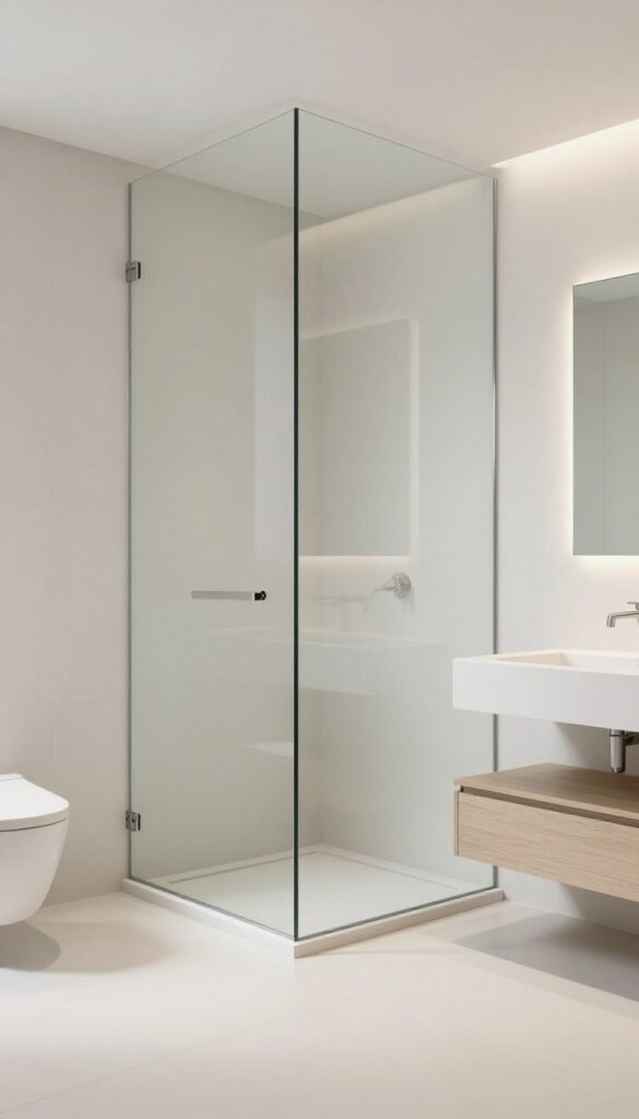Minimal glass panels in a modern walk-in shower with no traditional door, showing a fixed glass panel in a bright bathroom with large-format tile and wall-mounted fixtures for an airy, spa-like look.
