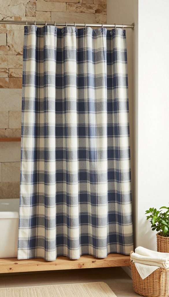 A rustic bathroom featuring a plaid shower curtain in muted navy and cream colors, paired with wooden accents and minimal accessories like a bath mat and plants.
