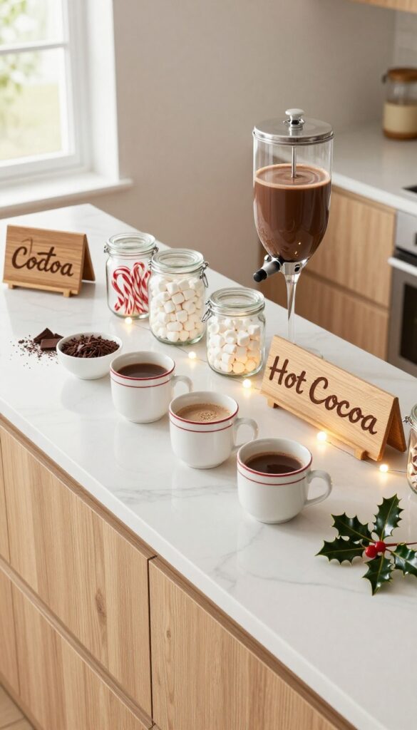 Modern kitchen island with a festive hot cocoa bar setup featuring a glass dispenser, mugs, jars of toppings, and fairy lights.