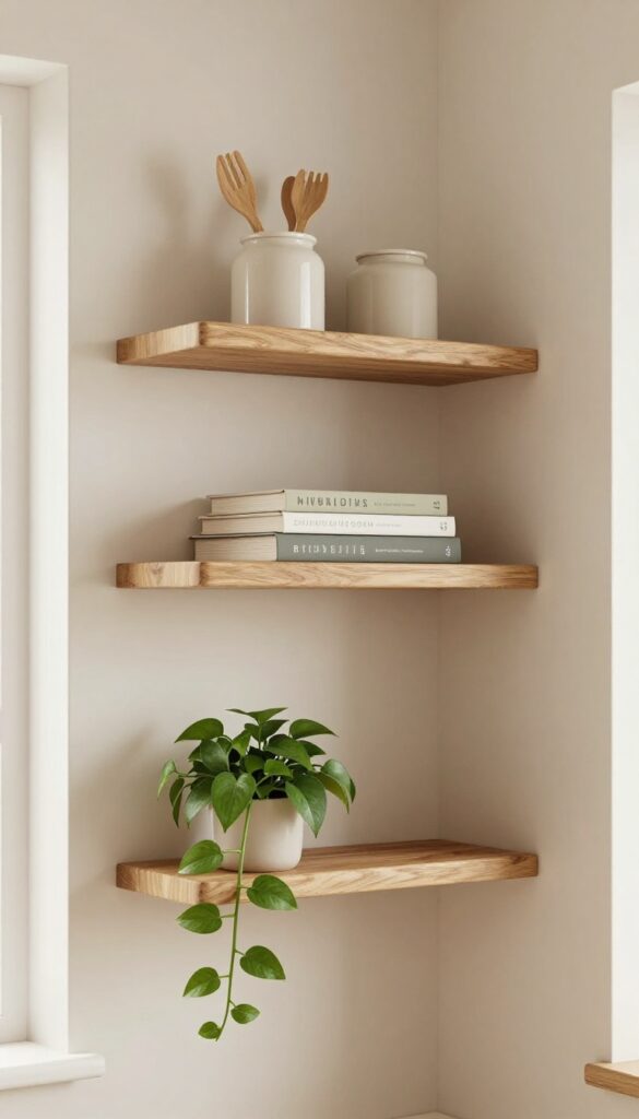 Staggered floating corner shelves in a small kitchen with plants and cookbooks