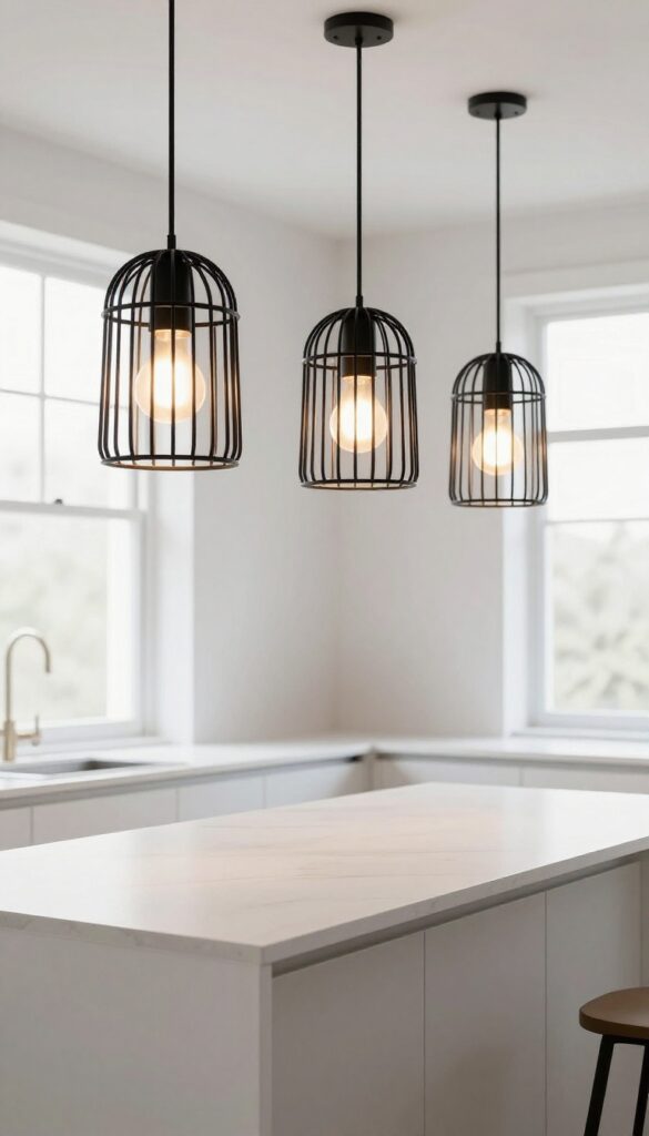 Three matte black cage pendants over a kitchen island with white cabinetry and warm lighting