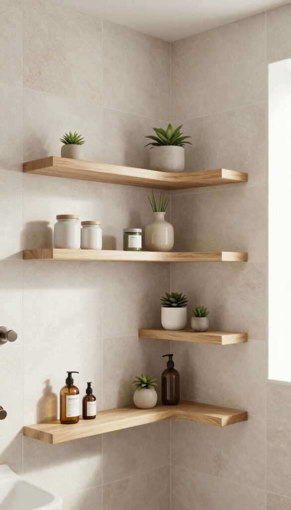 Floating natural wood shelves in a quadrant shower corner for storage and decor