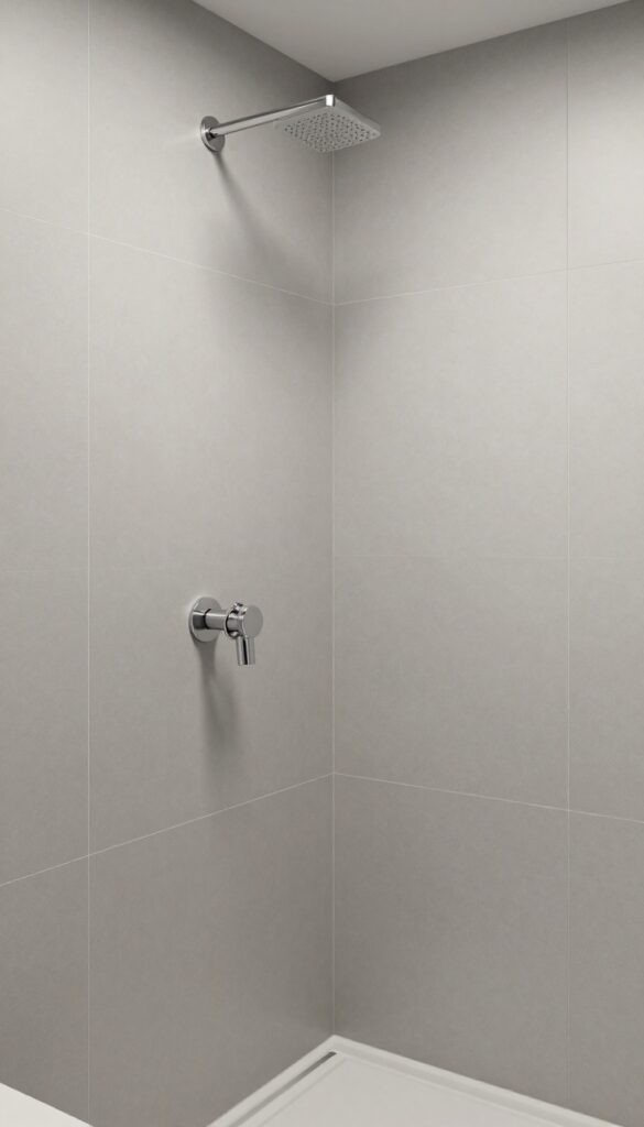 A contemporary bathroom shower with oversized vertical gray tiles for a seamless, modern look in bright natural light.