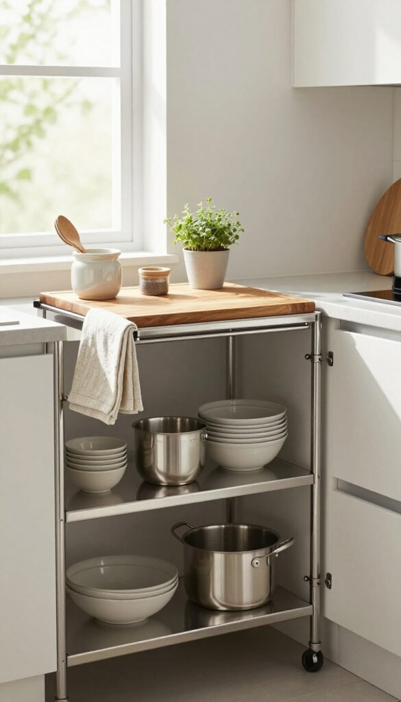 Stainless steel kitchen trolley with cutting board insert in a bright modern kitchen