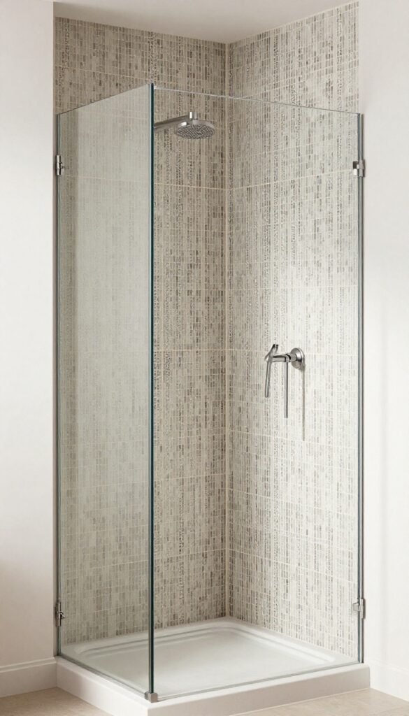 Vertical mosaic tile shower with subtle pattern in a neutral bathroom, showcasing clean design and natural light.