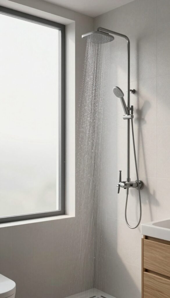 Frosted glass tiles in a shower, providing privacy and soft light with matte fixtures and wood accents in natural lighting.