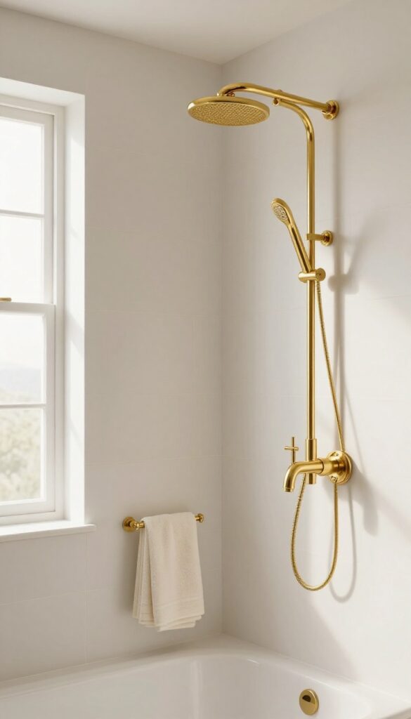 A bathroom with a gold curved shower curtain rod coordinating with matching metallic fixtures in bright natural light for a glamorous design.