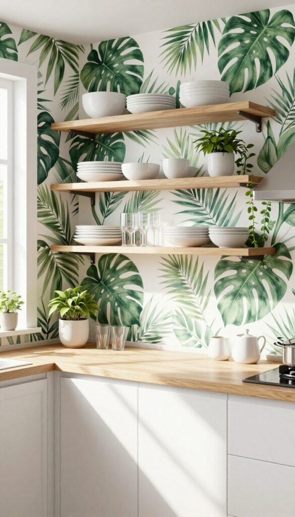 Open kitchen shelving with white dishes against a tropical leaf wallpaper