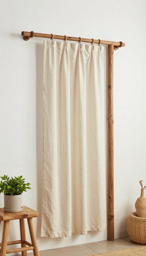 Rustic wooden shower curtain rod in a bathroom with natural texture, linen curtain, wooden accessories, and plants in bright natural light.