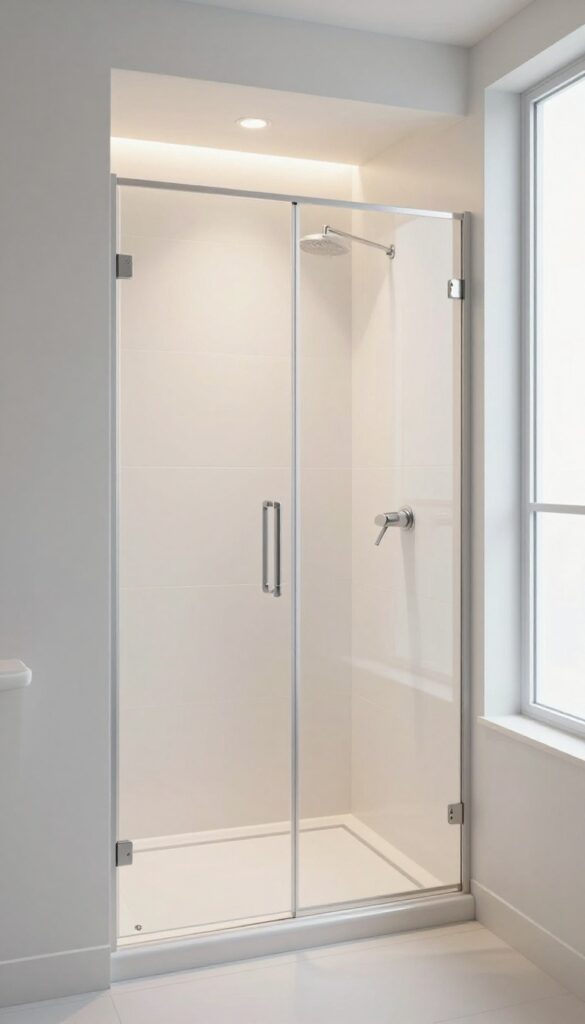 A modern walk-in shower without doors, showcasing recessed lighting in walls and ceiling for a sleek, uncluttered look in a small bathroom.