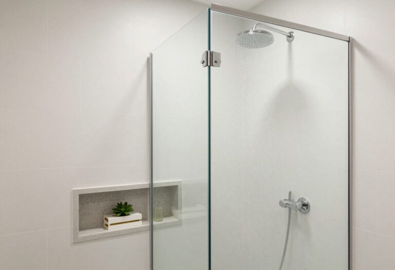Modern small walk in shower without doors with glass panels, textured tiles, rainfall showerhead, built-in shelves, and pebble flooring in a bright, clutter-free bathroom.