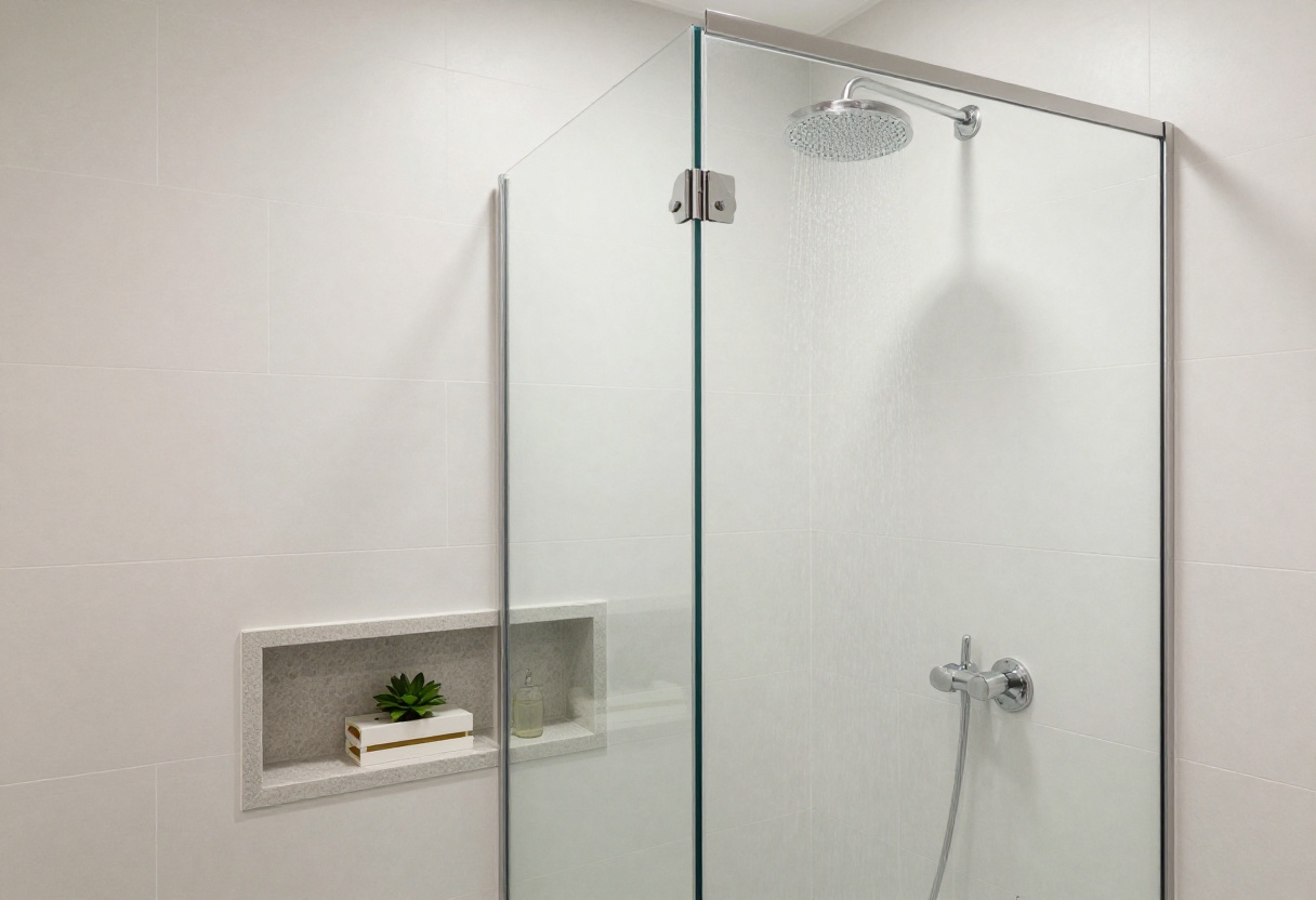 Modern small walk in shower without doors with glass panels, textured tiles, rainfall showerhead, built-in shelves, and pebble flooring in a bright, clutter-free bathroom.