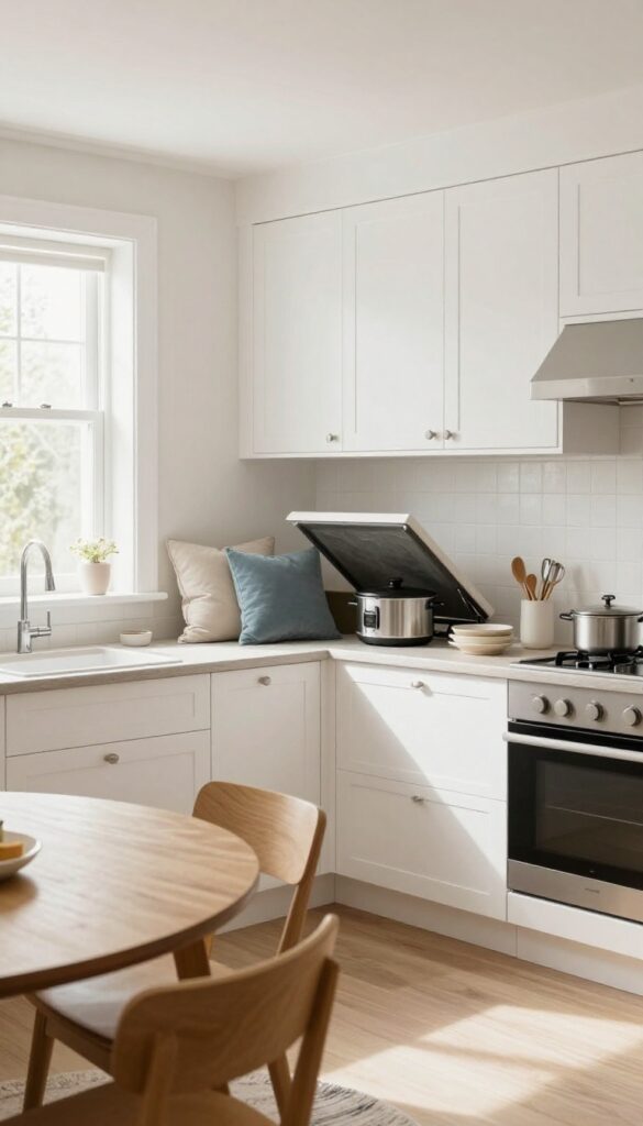 L-shaped kitchen with built-in banquette seating and under-seat storage