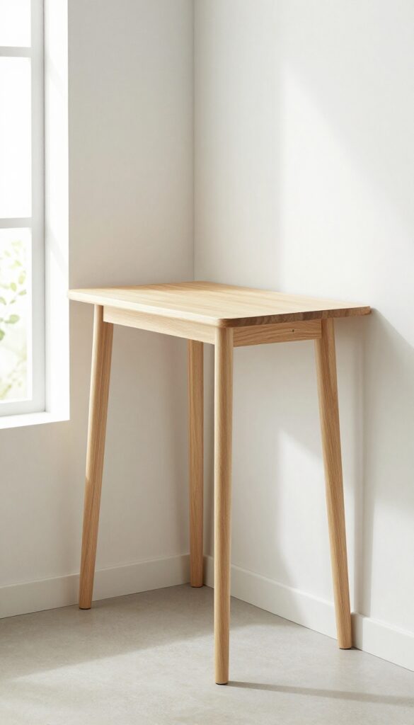 A compact drop-leaf table mounted on the wall in a bright kitchen, leaves down, with clean lines and natural light.
