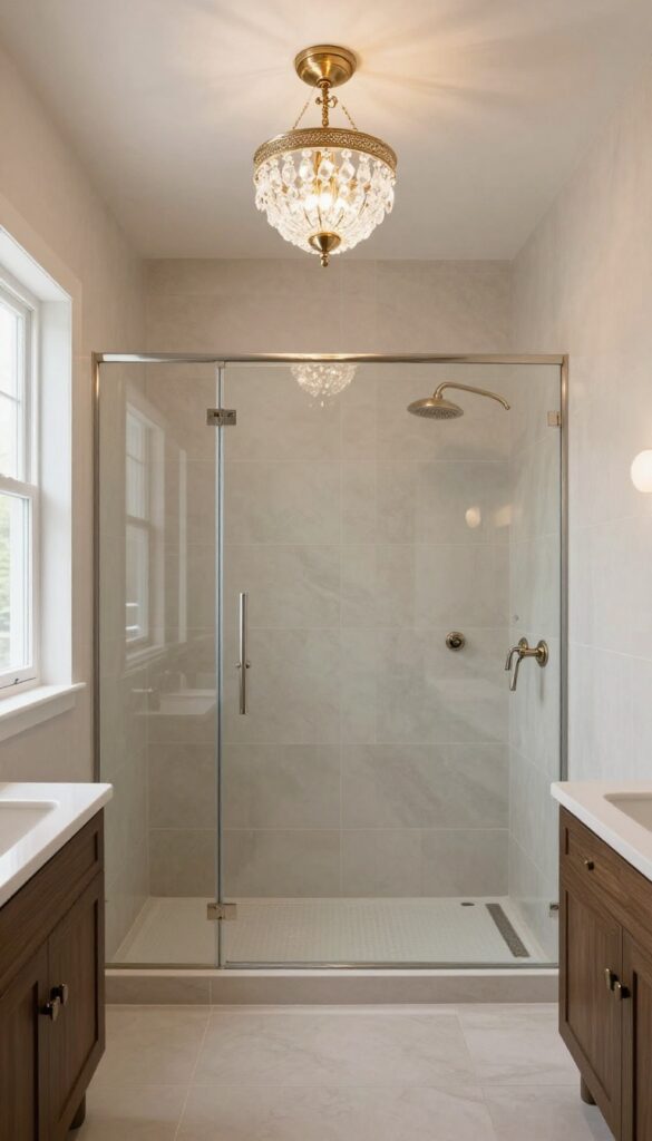 Chandelier-style lighting fixture in a shower ceiling, adding elegance and glamour to a bathroom with natural light and clean decor.