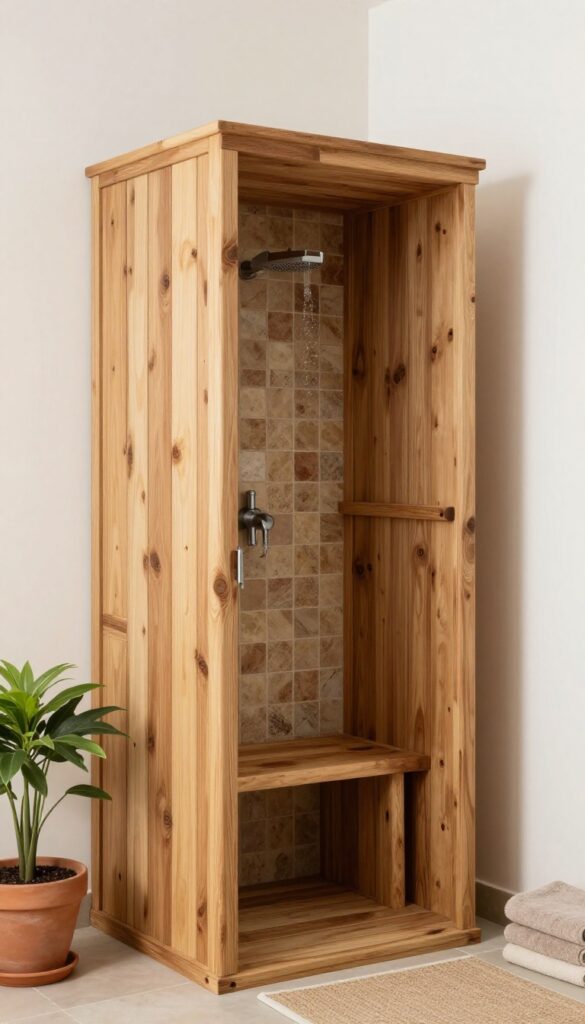 Rustic wooden accents in an off-grid shower with reclaimed wood bench and shelves, natural light, plants, and neutral decor for a warm, inviting bathroom space.