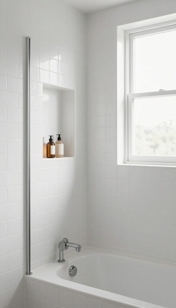 A tiled shower niche with organized toiletries in a bathroom featuring a tub, demonstrating practical storage solutions for home decor inspiration.