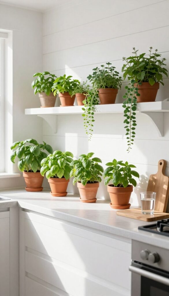 Vertical herb garden on a white wall in a bright kitchen with terracotta pots and fresh herbs