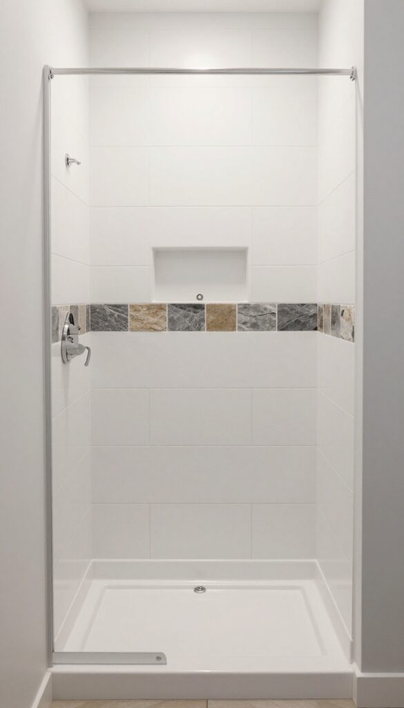 A walk-in shower with mixed ceramic and natural stone tile accents in white and gray tones, showcasing layered texture in a clean, bright bathroom setting.