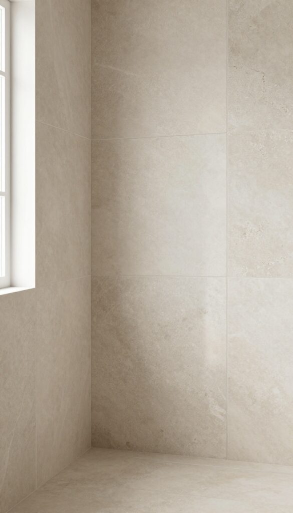 A serene bathroom shower with textured stone-look tiles in neutral tones, offering depth and safety under natural light.