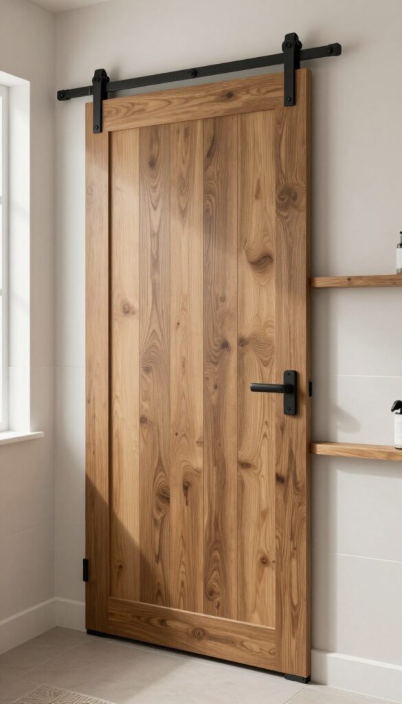 A sliding barn door shower enclosure in a small rustic bathroom with natural light and wooden accents.