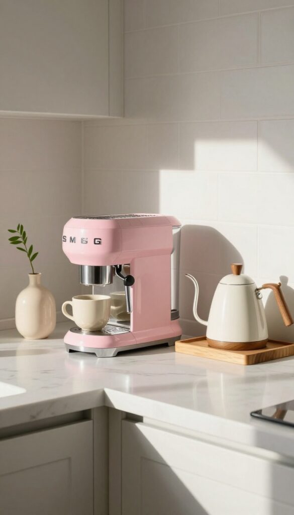 A coffee station with pastel pink Smeg appliances on a tray, ceramic mugs, and a small plant on a marble countertop.
