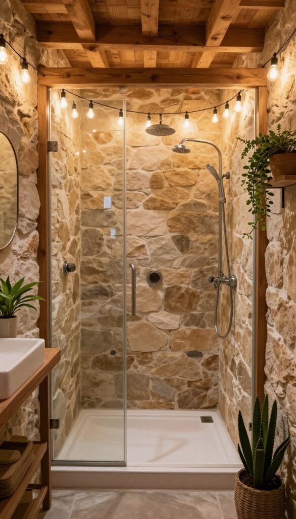 Off-grid bathroom shower with Edison bulbs providing soft lighting on wooden beams and stone walls for a cozy rustic ambiance.