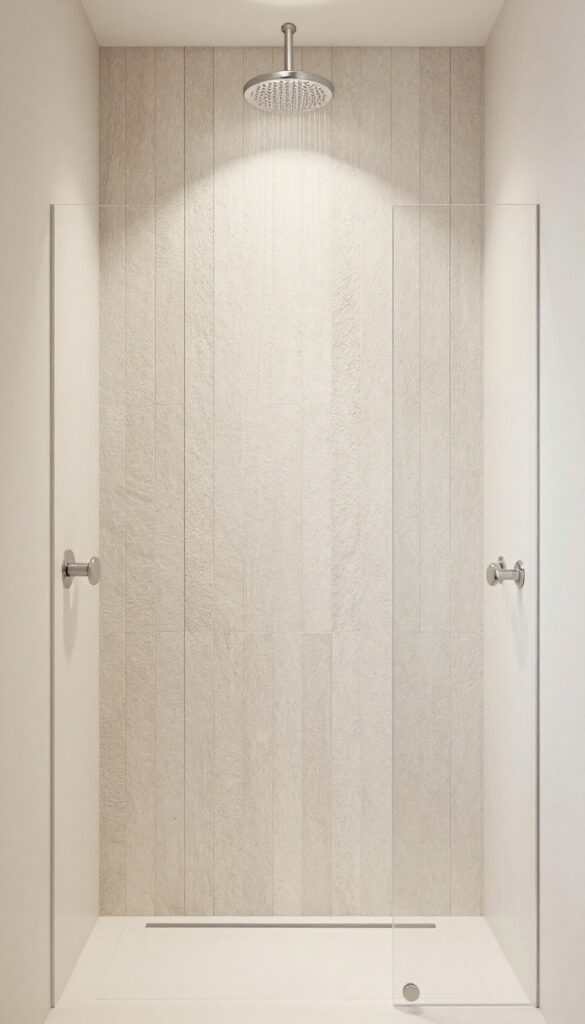 A photorealistic image of a master shower with a neutral design and a statement wall featuring bold stone-look tiles on the back wall as a focal point.
