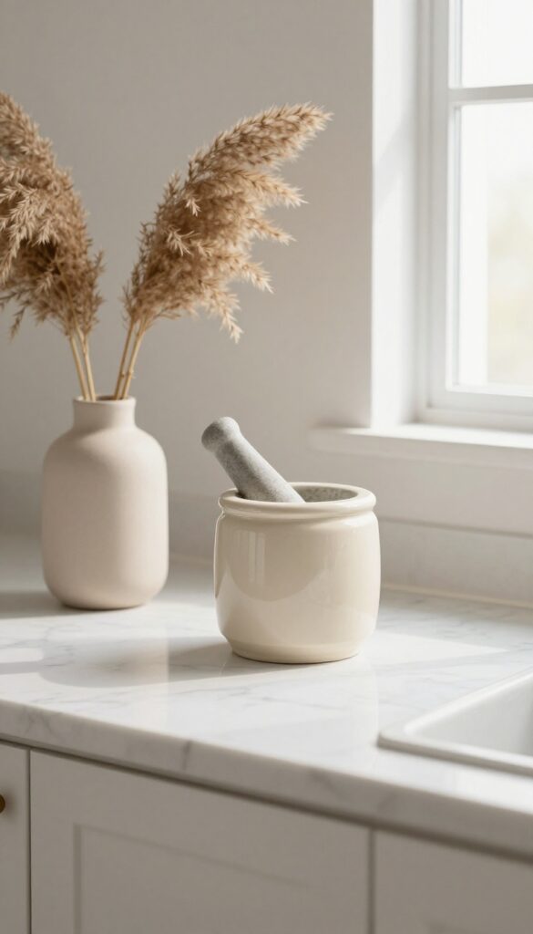 Neutral kitchen countertop with ceramic canister, stone mortar and pestle, and vase with dried grass