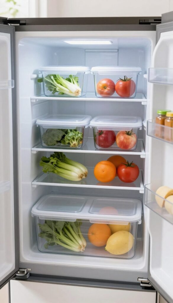 Open refrigerator with clear stackable bins organizing produce and jars, modern kitchen, bright natural light, photorealistic interior design photography.