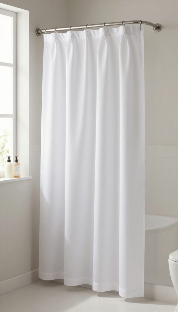 A tall white shower curtain in a bright bathroom with natural light, showcasing a clean and clutter-free design for home decor inspiration.