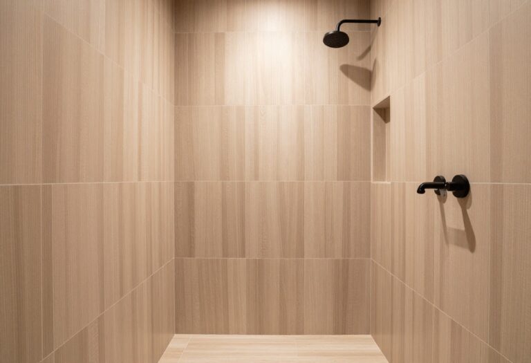 A modern bathroom shower with floor-to-ceiling wood-look tiles in warm tones and matte black fixtures, showcasing a cozy spa-style design for a home decor blog.