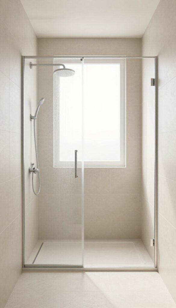 Large-format tiles in a small bathroom shower minimizing grout lines for a clean, spacious look.