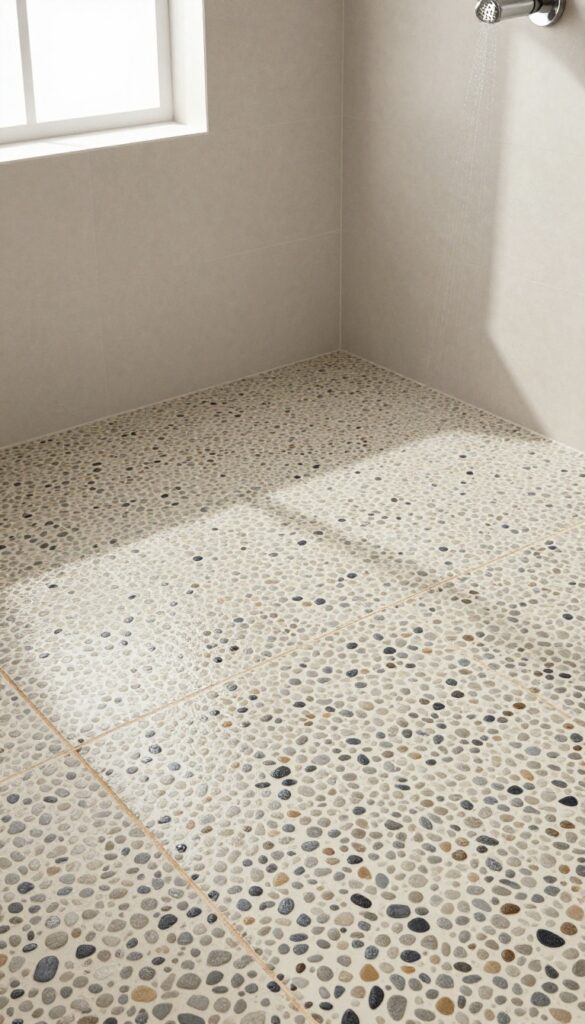 Pebble tile shower floor with smooth river stones in natural light, creating a spa-like texture.