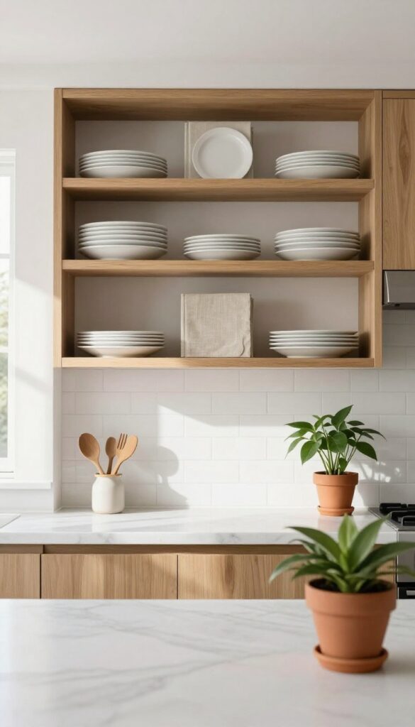 Open shelving in a modern kitchen styled with white plates, a cookbook, and utensils in natural light.