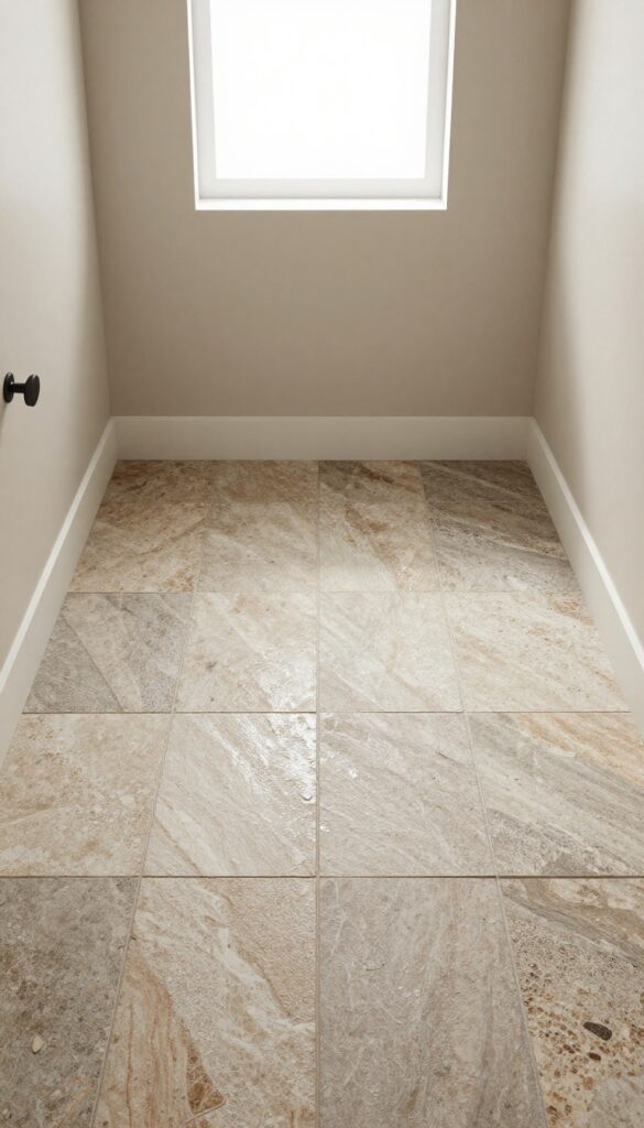 Close-up of a bathroom shower floor with natural stone tiles like slate or travertine, featuring textured surfaces and warm tones in a spa-like setting.