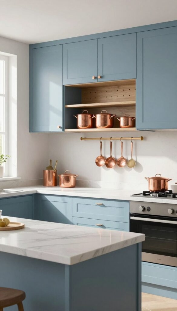 Dusty blue kitchen cabinets with copper hardware and a pegboard wall for pots and pans