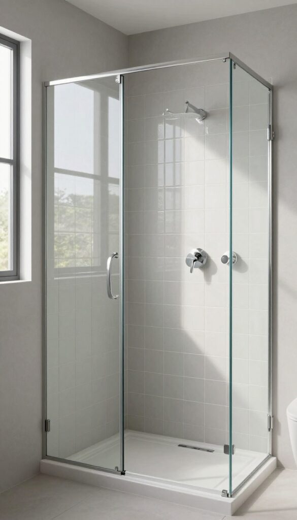 A close-up view of mirrored tiles on a shower wall in a modern bathroom, reflecting light to enhance space and brightness.