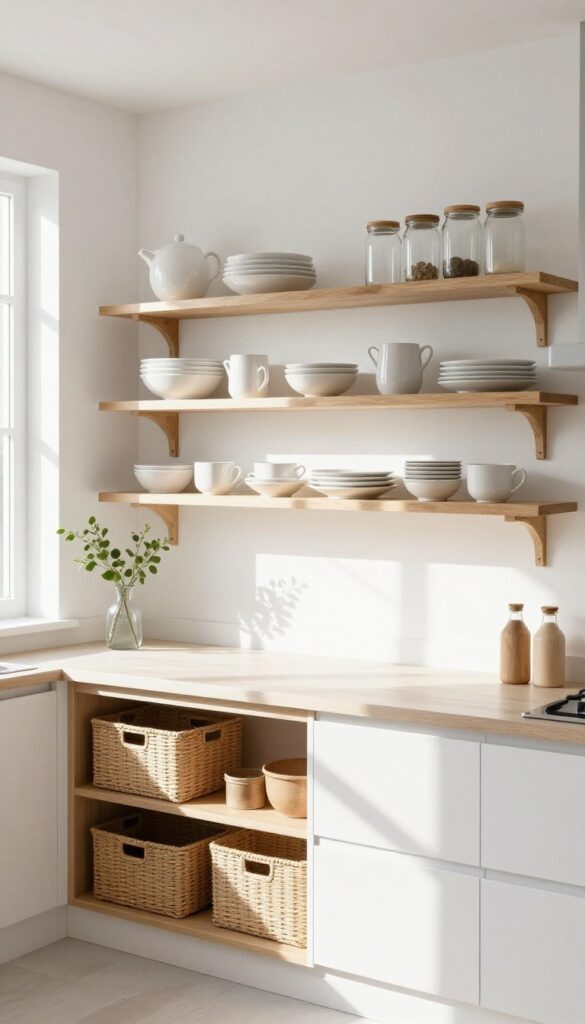 Open wooden shelves with woven baskets in a bright kitchen