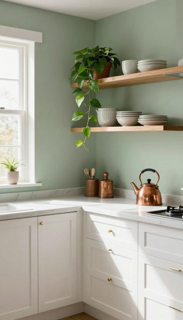 Kitchen with soft sage green walls, white cabinets, open wood shelving, and brass hardware in natural light.