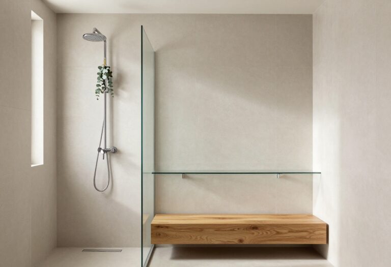 Modern shower with teak bench, glass shelf, and hanging eucalyptus