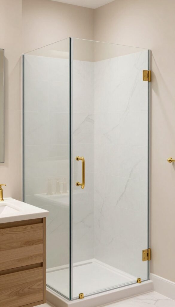 Glass shower door with brass hardware in a bright bathroom with marble tile and warm tones