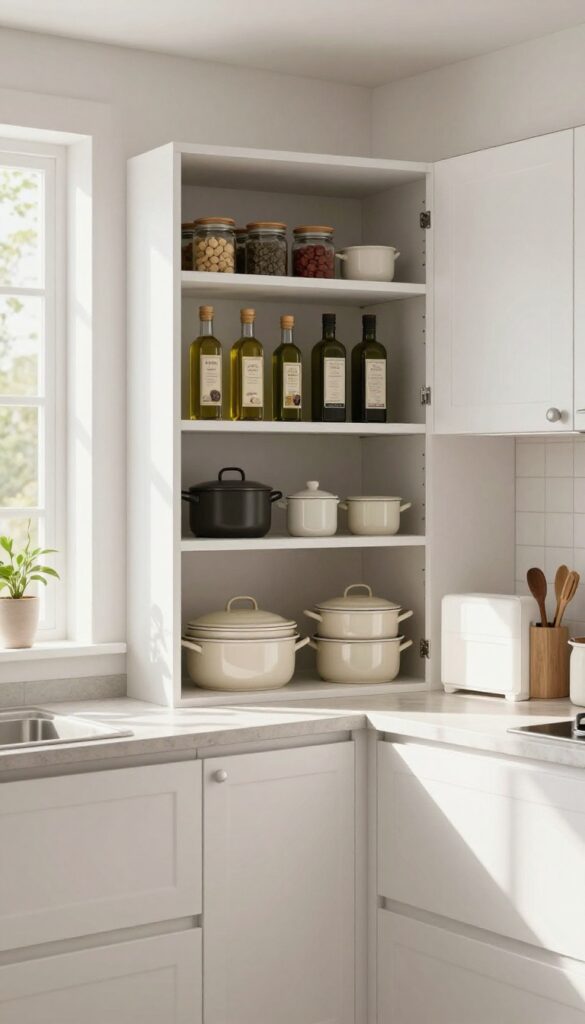 Open corner cabinet with lazy Susan displaying organized spices and cookware in a bright kitchen
