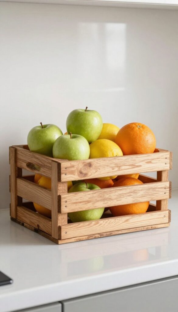 A wooden crate filled with fresh fruits on a kitchen countertop