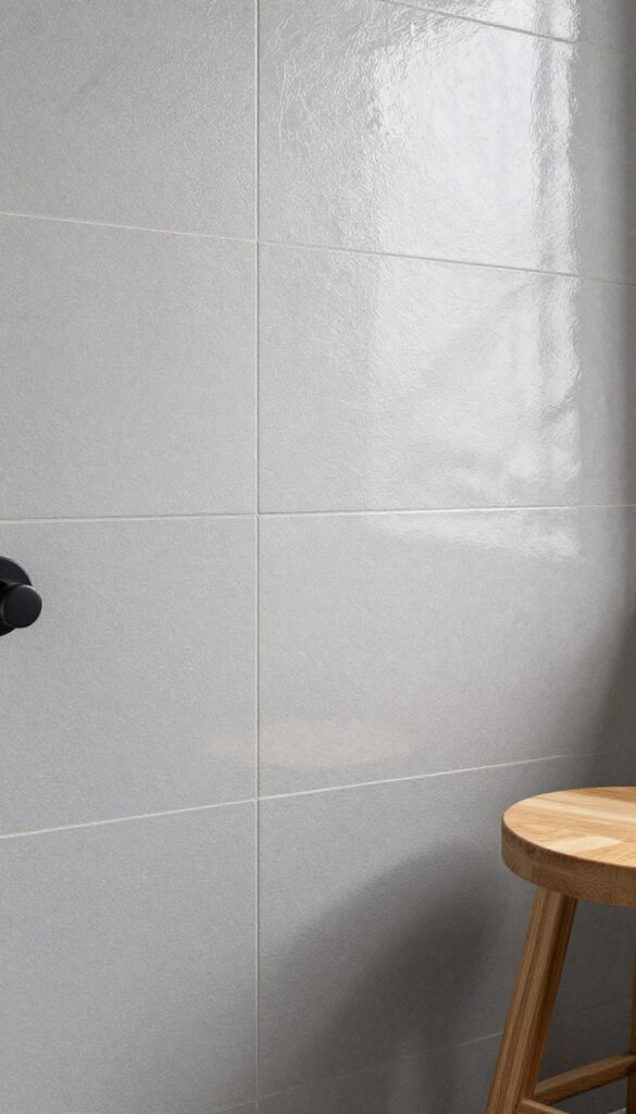 Close-up of textured grey tiles in a shower with soft lighting and matte black fixtures, showcasing tactile interest without clutter